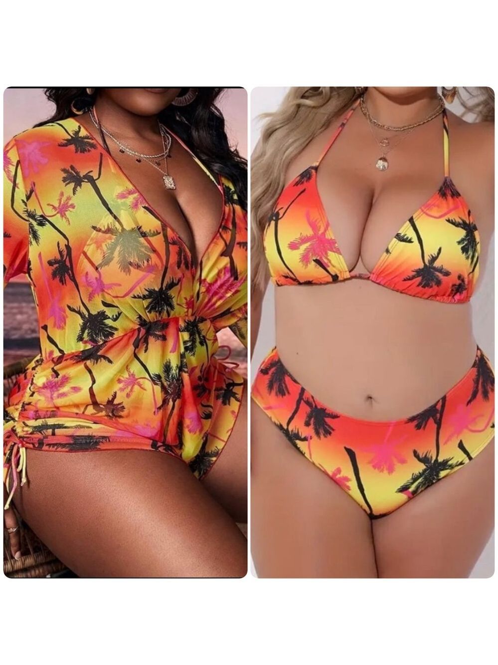 3pc Plus Size Tropical Print Halter Triangle Bikini Set with Cover Up - Picture 5 of 14